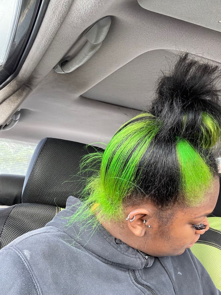 Green And Black Skunk Stripe, Green Hair Natural Hair, Black And Green Natural Hair, Black And Green Skunk Stripe Hair, Neon Green Skunk Stripe Hair, Dark Green Skunk Stripe Hair, Skunk Patch Natural Hair, Lime Green Skunk Stripe Hair, Green Skunk Stripe Hair Black Women