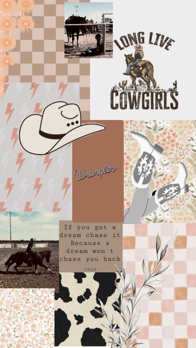 a collage of different images with words and pictures on them, including an image of a cowgirl's hat