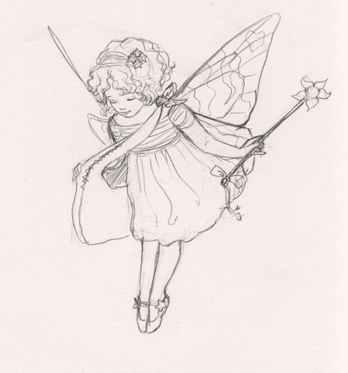 a pencil drawing of a fairy holding a wand