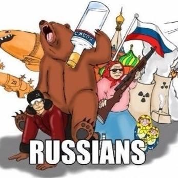 an image of people in russian with bears and other cartoon characters behind them that says,