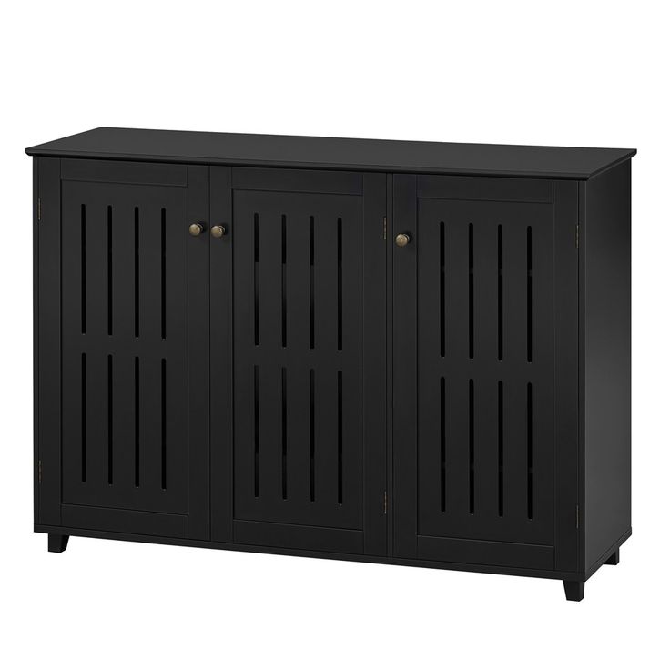 a black cabinet with three doors and two drawers