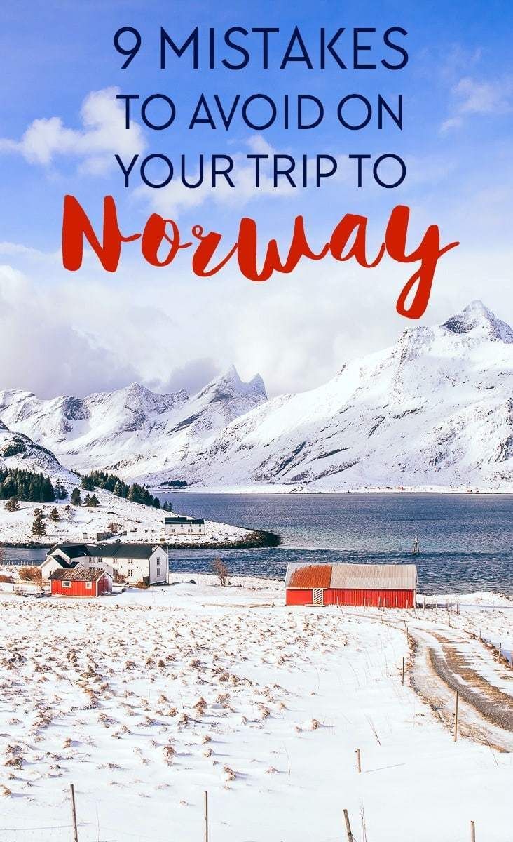 a snowy field with mountains in the background and text overlay that reads, 9 ways to avoid on your trip to norway