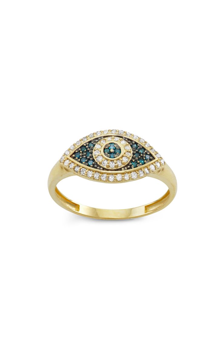 Protect yourself from negativity with this charming evil-eye ring topped with blue-and-white diamonds for a sparkling pop of color. Total diamond weight: 0.30ct. Color: I–J Clarity: I2–I3 10k gold/diamond Imported Diamond Guide 14k Gold Evil Eye Ring, Elegant Evil Eye Rings, Yellow Gold Evil Eye Round Ring, Yellow Gold Evil Eye Ring, Symbolic Evil Eye Ring Jewelry, Blue Eye Ring, Evil Eye Ring Gold, Diamond Evil Eye, Evil Eye Ring