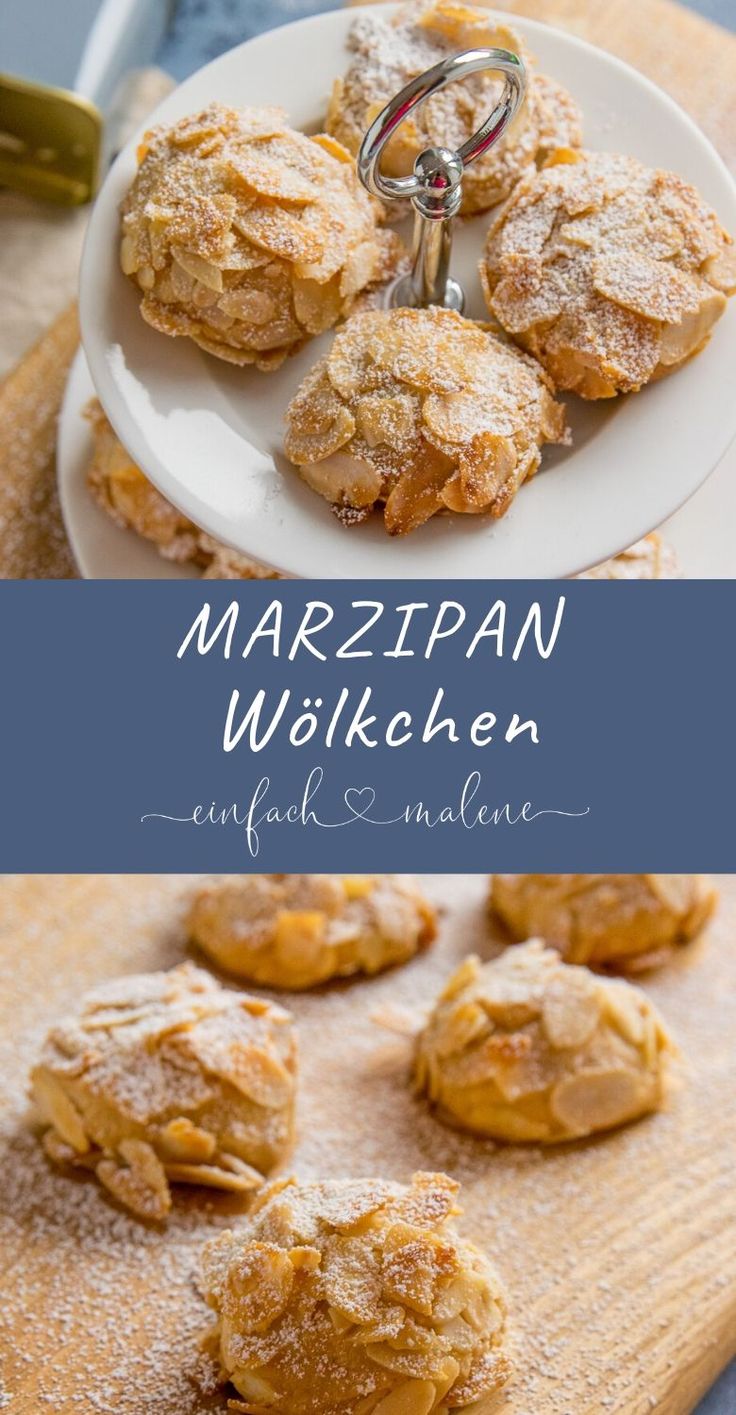 some cookies are on a plate with the words marzipan wolkhenn