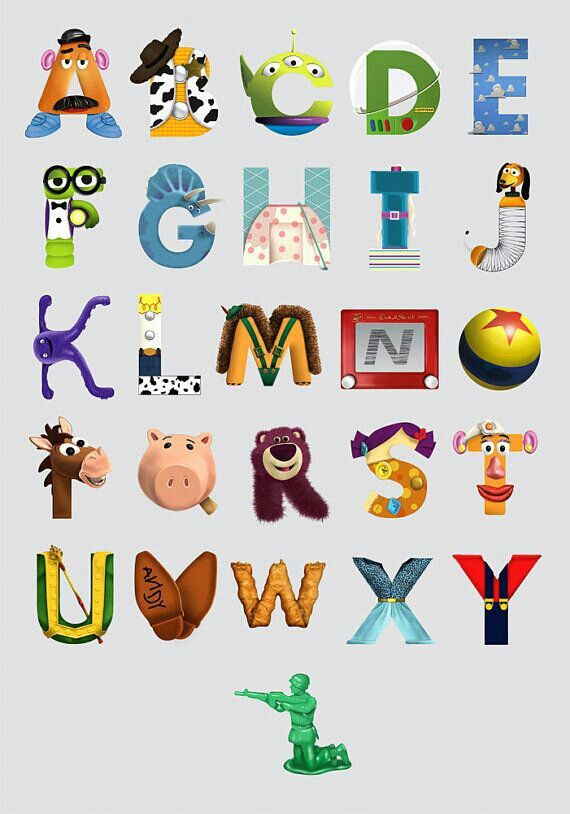 the letters are made up of cartoon characters