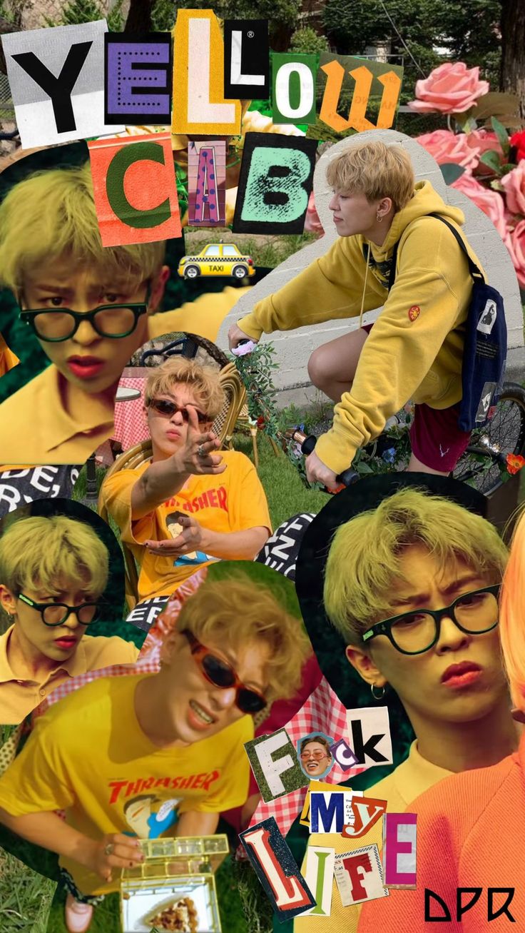 a collage of young people wearing yellow shirts and black glasses with the words yel lon chee on them