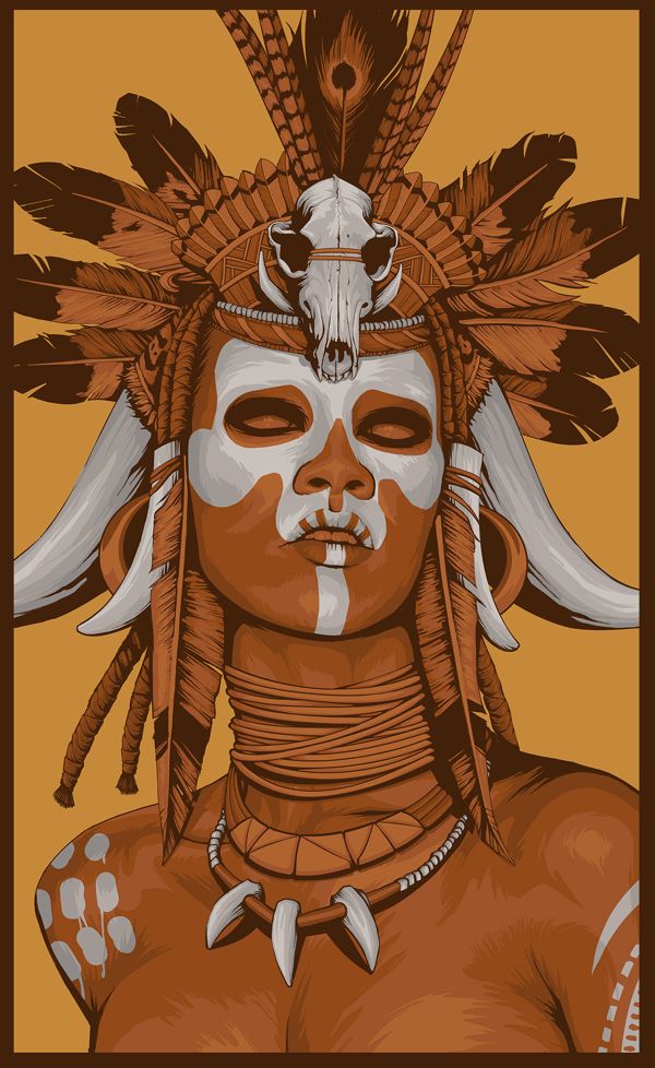 an image of a native american woman with feathers on her head and skull in the background