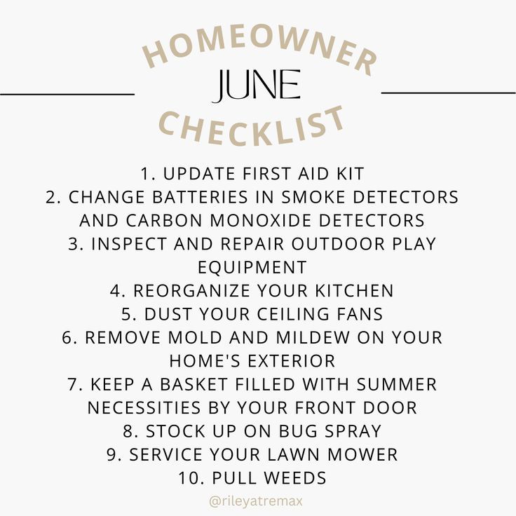 the homeowner's june checklist is shown in white with gold lettering