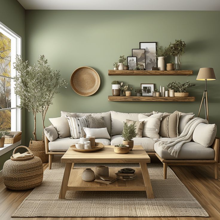 a living room with green walls and wooden furniture in the center, along with potted plants