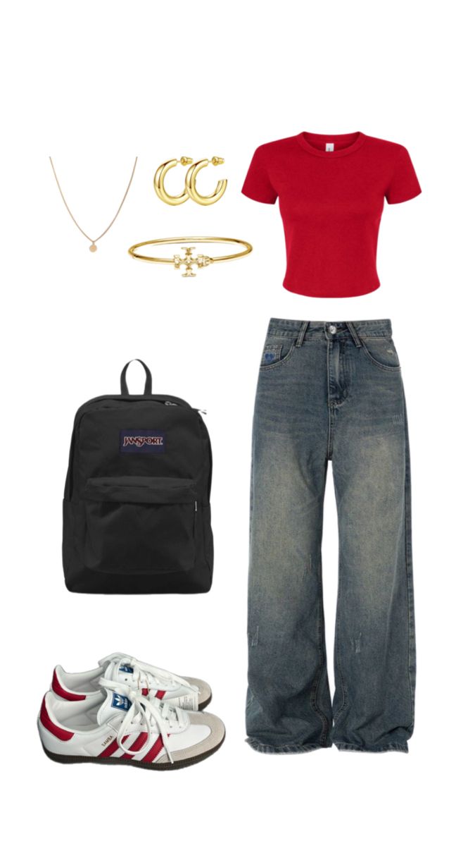 •red, baggy jeans, jansport backpack, sambas, outfit inspo, school, school inspo, inspo, school outfit inspo, ootd• Back To School Outfits With Sambas, Cute Baggy Jeans Outfit For School, Outfit Ideas For School Baggy Jeans, Outfits For School Baggy Jeans, Back To School Outfits Sambas, Baggy Back To School Outfits, Back To School Outfits Baggy Jeans, Outfits With Baggy Jeans For School, Back To School Outfits Jorts