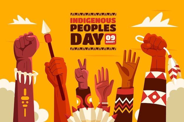 people raising their hands in the air with an orange background and text that reads indigenous peoples day