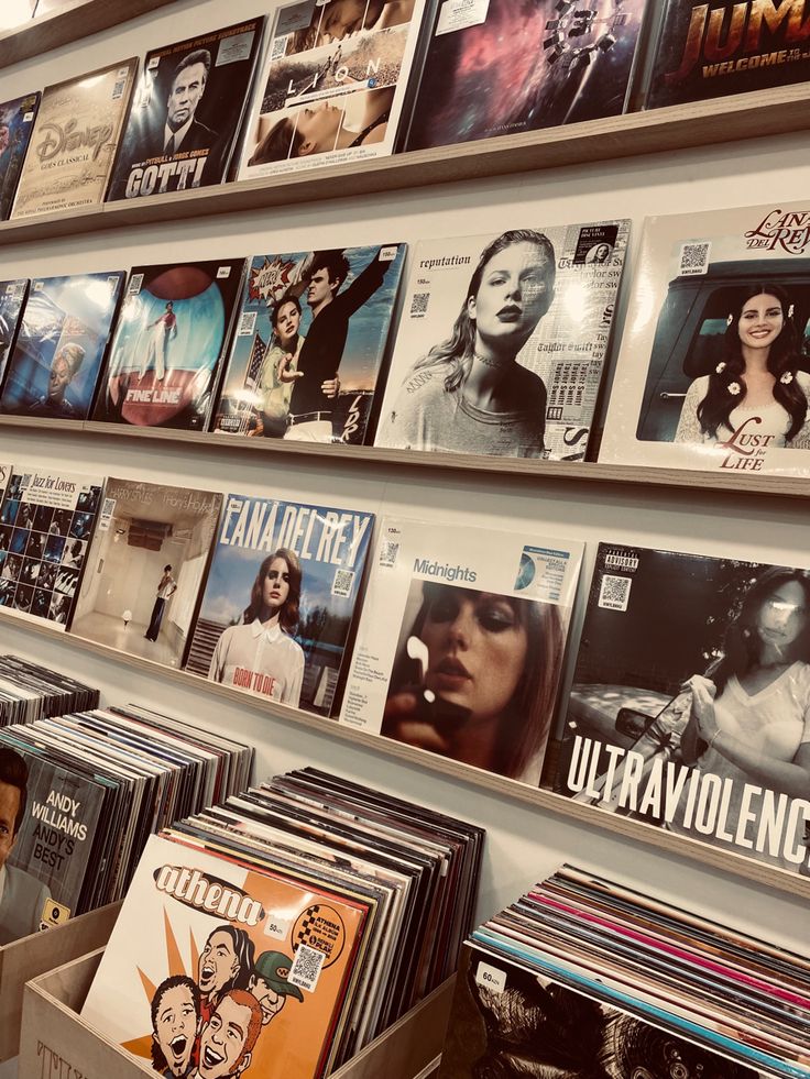 there are many records on the wall in this store that is filled with movies and cds