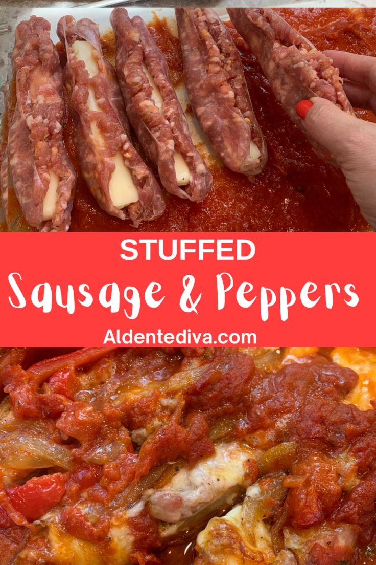 stuffed sausage and peppers on a plate with text overlay that reads stuffed sausage and peppers