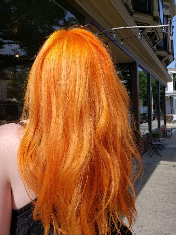 Soft Orange Hair Color, Sherbet Orange Hair, Bright Orange Hair Aesthetic, Yellow Orange Hair Color, Medium Length Orange Hair, Vibrant Orange Hair, Pale Orange Hair, Light Orange Hair Color, Orange Dyed Hair