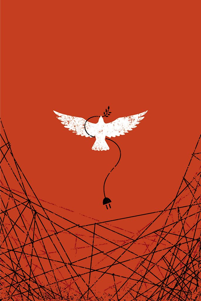 an image of a white bird flying through the air with wires in front of it