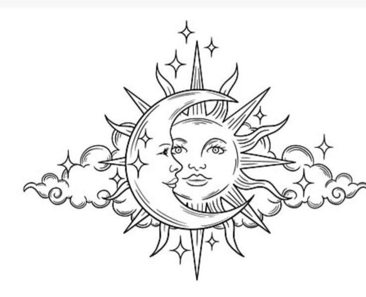 the sun and moon with clouds around it, in black and white ink on a white background