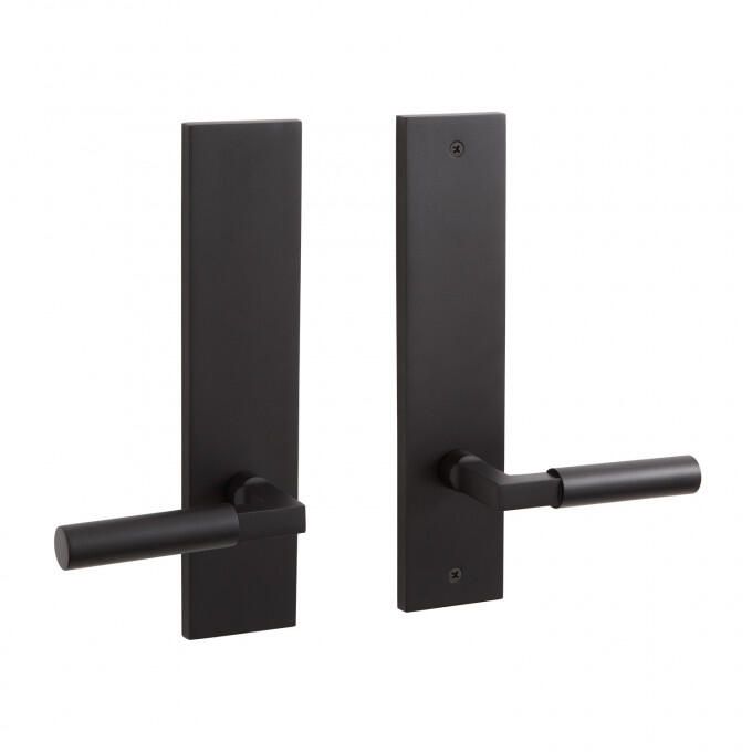 two black door handles on a white background