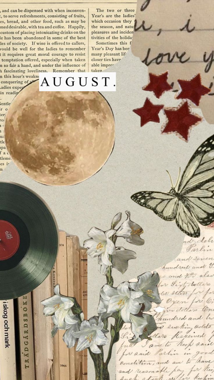 a collage with an old record, flowers and butterflies