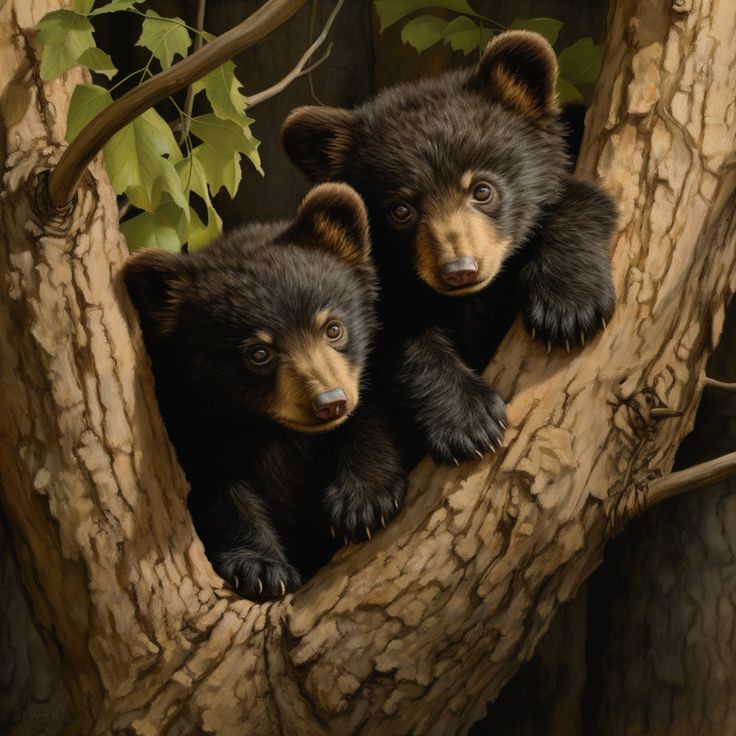 two black bears are sitting in a tree