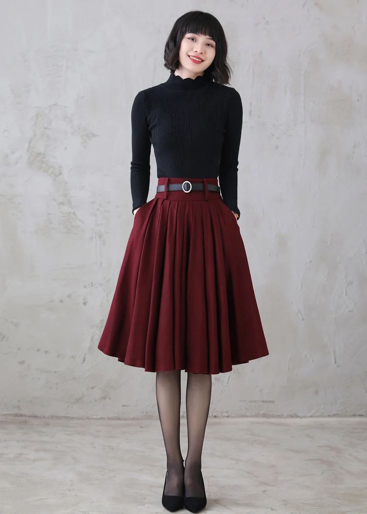 Red Flared Skirt For Fall, Fitted Long Pleated Skirt For Fall, Red Flared Pleated Skirt For Work, Winter Lined Midi Pencil Skirt, Winter Knee-length Lined Pleated Skirt, Red Long Skirt For Fall, Red Lined Skirt For Winter, Red Winter Skirt With Relaxed Fit, Fall Red Lined Skirt