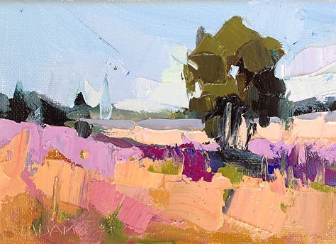 an oil painting of a tree in the middle of a field with purple and yellow colors