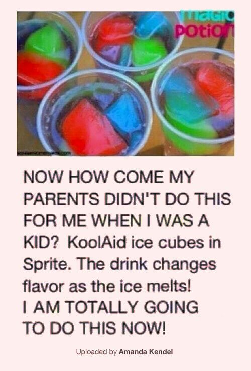 some cups filled with different colored ice cubes on top of a wooden table next to text that reads, now how come my parents didn't do this for me when i was a kid?