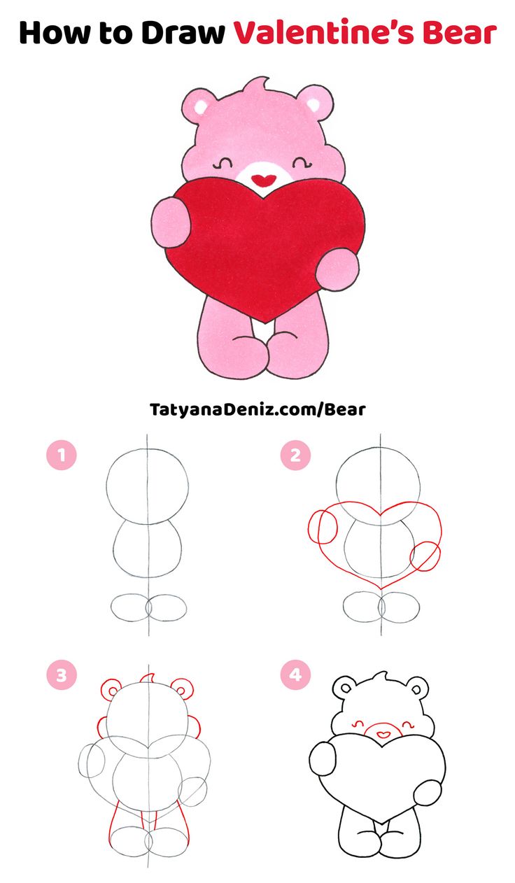 how to draw a teddy bear holding a heart for valentine's day with step by step instructions