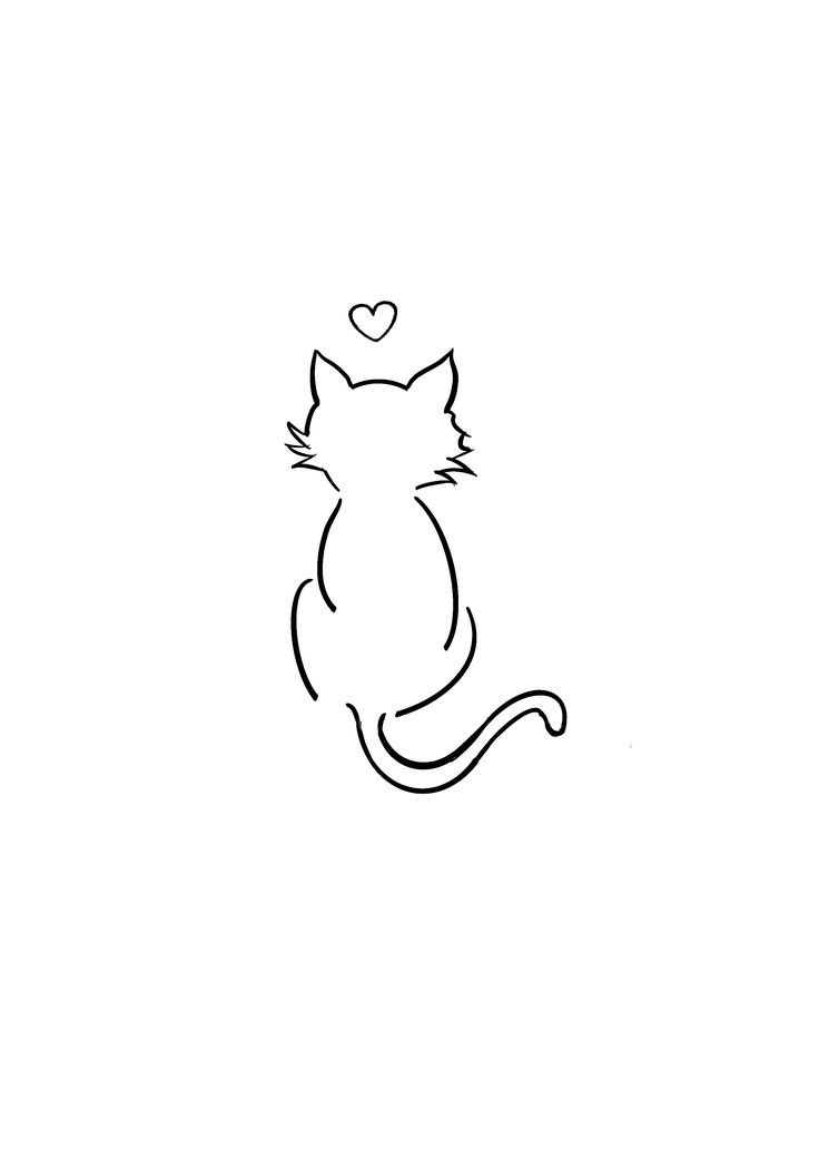 a black and white drawing of a cat with a heart on it's tail