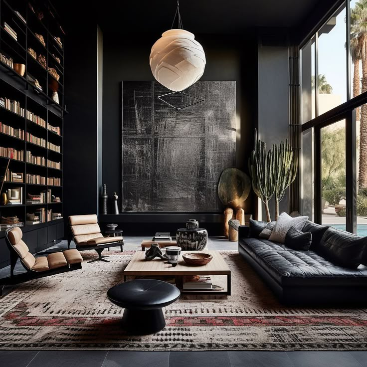 a living room filled with furniture and bookshelves next to a large glass window