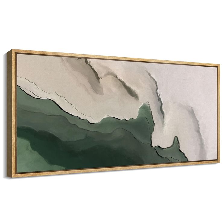 an abstract painting with green and white colors on the wall above it is a wooden frame