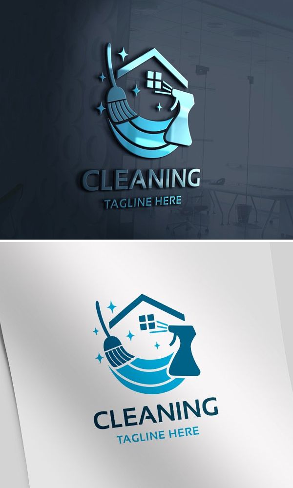 cleaning logo design with house and brooms on the roof, in blue colors - symbols logo templates