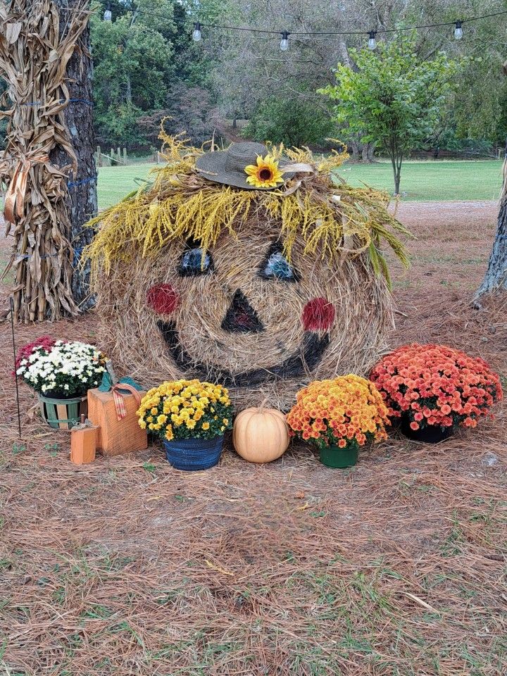 a scarecrow made out of hay sitting in the grass next to flowers and pumpkins