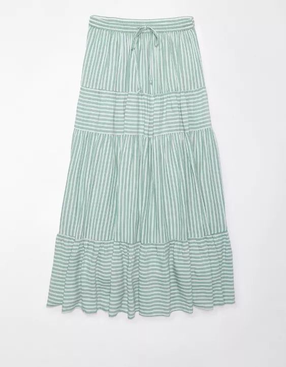 AE Tiered High-Waisted Striped Maxi Skirt Casual Voluminous Maxi Skirt For Vacation, Striped Tiered Skirt For Summer, Breezy Flowy Long Maxi Skirt, Chic Striped Hem Skirt For Summer, Chic Summer Skirt With Striped Hem, Green Maxi Skirt For Day Out, Flowy Green Maxi Skirt For Vacation, Spring Breezy Maxi Skirt, Striped Flared Skirt For Summer