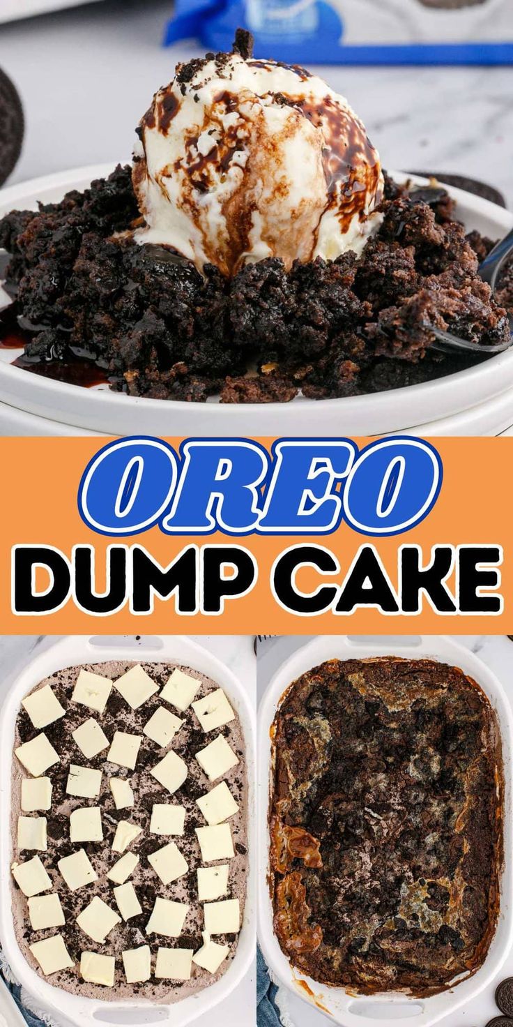 the dessert is made with oreo dump cake and ice cream