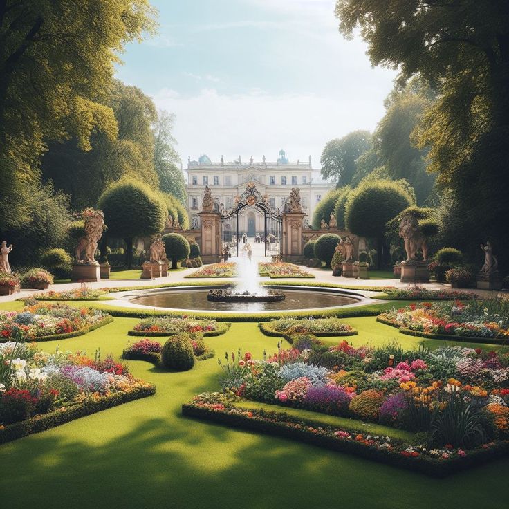 a formal garden with fountain surrounded by flowers and trees in front of a large building