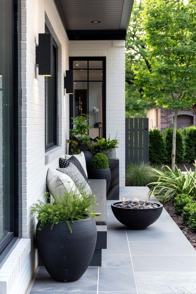 two large black planters sitting on the side of a white brick building next to a patio