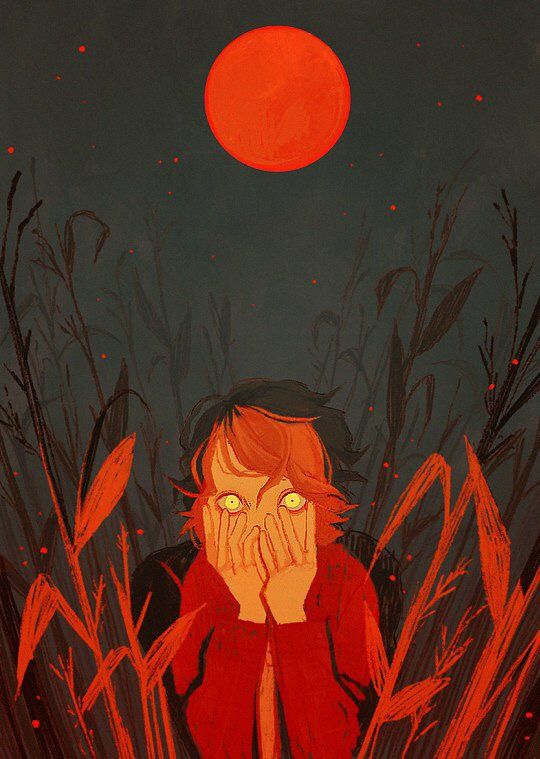 a painting of a person sitting in tall grass with their hands to their face as the sun sets behind them