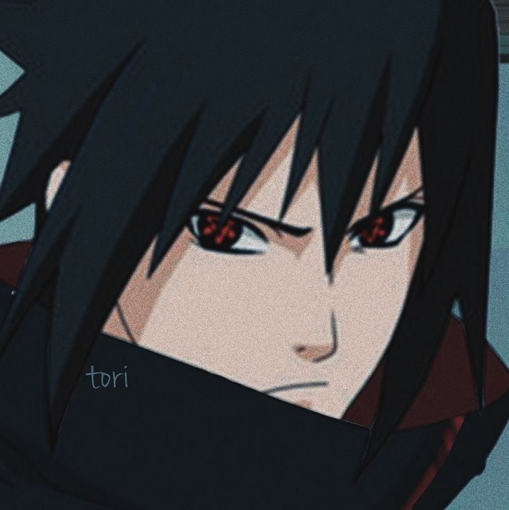 an anime character with black hair and red eyes