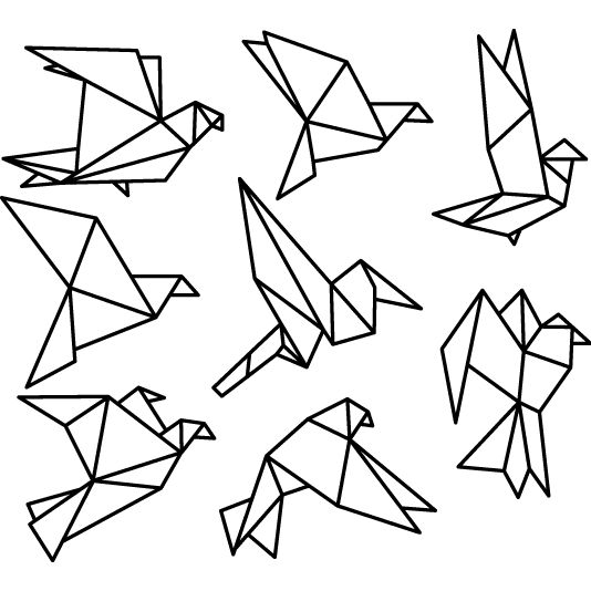 several origami birds are shown in black and white