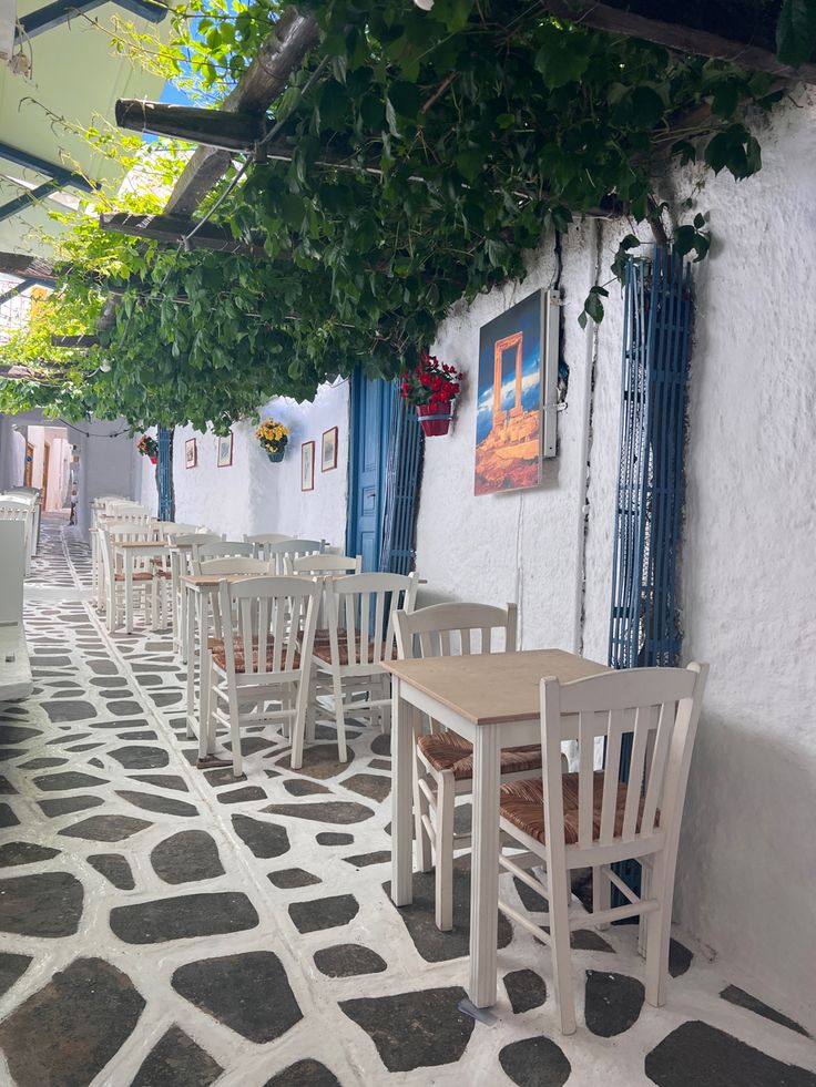 tables and chairs are lined up against the wall