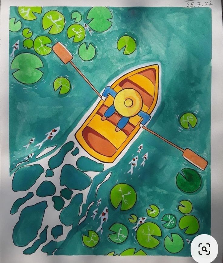 a drawing of a boat floating in the water with lily pads on it's sides