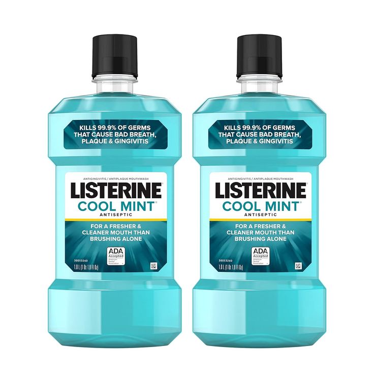 Listerine Cool Mint Antiseptic Mouthwash to Kill 99% of Germs That Cause Bad Breath, Plaque and Gingivitis, Cool Mint Flavor, 1 L (Pack of 2) Mint Mouthwash, Listerine Mouthwash, Homemade Mouthwash, Listerine Cool Mint, Antiseptic Mouthwash, Dental Cleaning, Gum Care, Hygiene Routine, Gum Health