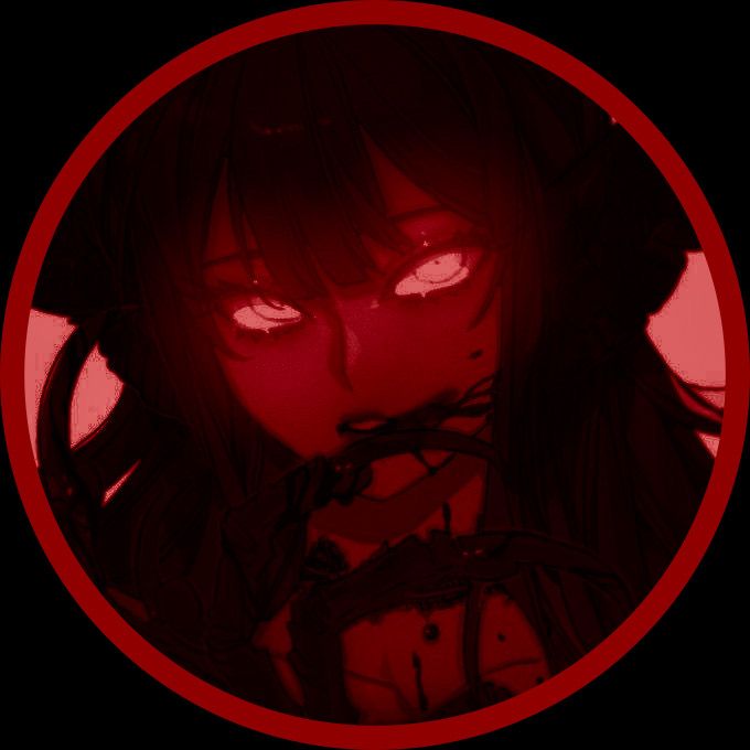 an anime character with red eyes and black hair in a circular frame, looking at the camera