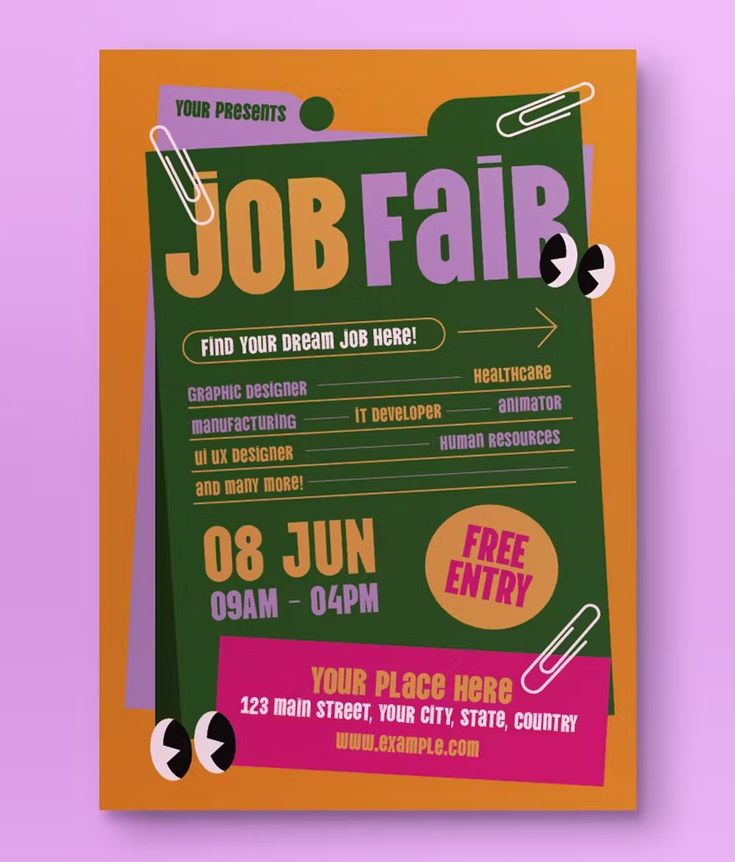 a flyer for a job fair with paper clippings on the front and back