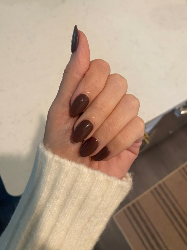 Dark Chocolate Brown Nails, Dark Brown Nails Acrylic, Dark Brown Nails Designs, Cappuccino Nails, Shellac Nails Fall, Oval Acrylic Nails, Kutek Disney, Brown Nails Design, Wine Nails