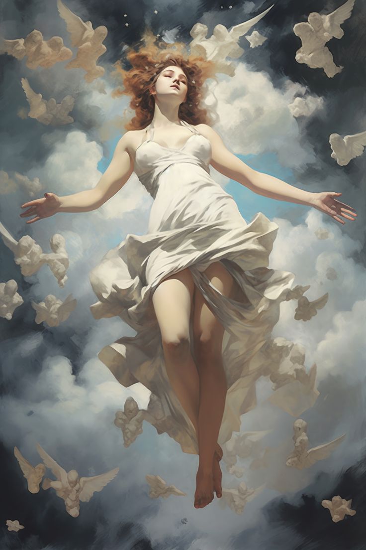 a painting of a woman floating in the air surrounded by white doves and stars