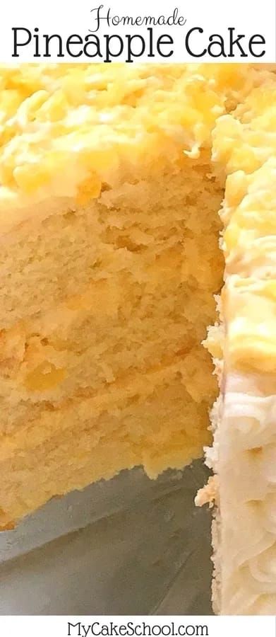 a close up of a piece of cake on a plate with the words homemade pineapple cake