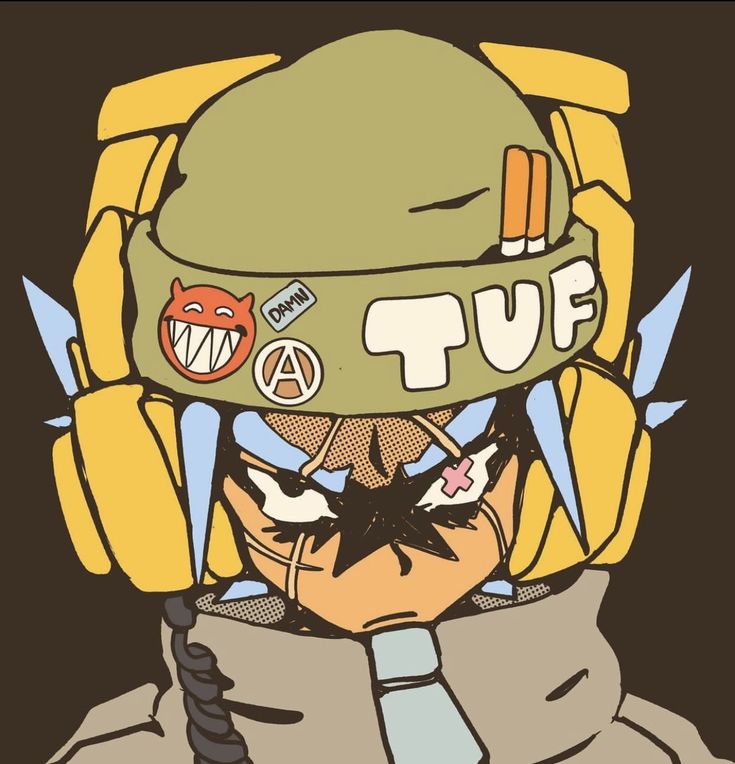 an anime character wearing a helmet with many stickers on it's face and neck