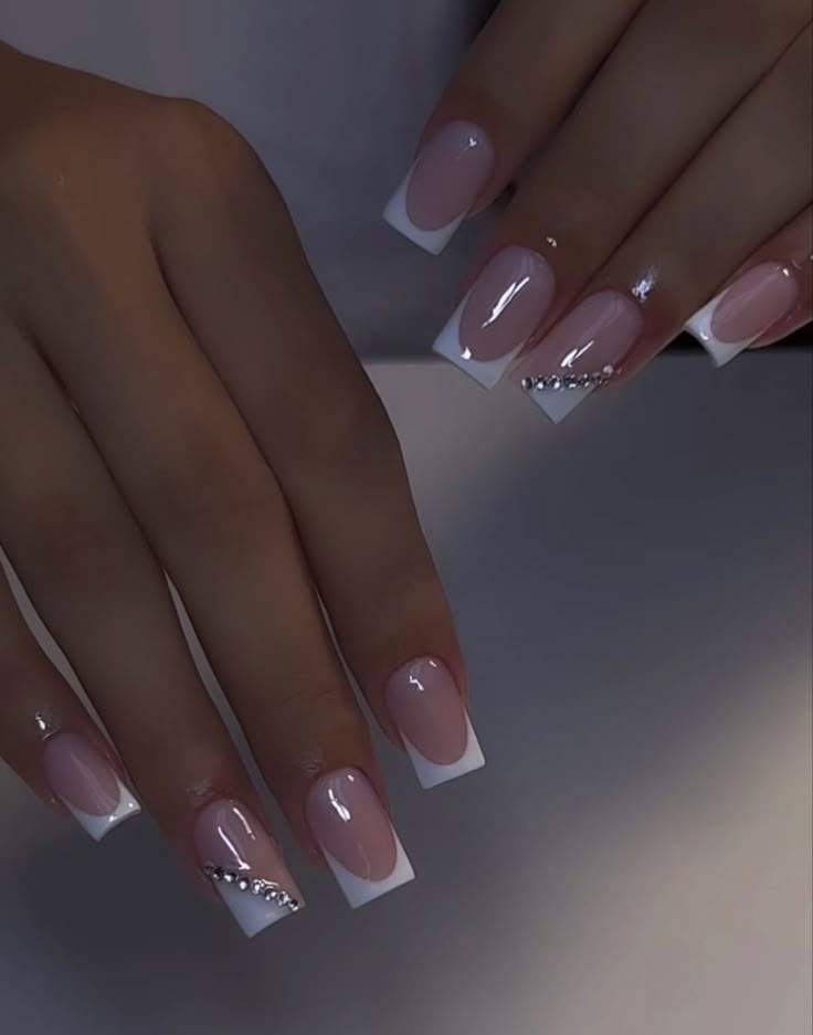 Summer Nail Set Ideas, French Tips With Hearts Acrylic, Small Square Nails French Tip, Glitter Detail Nails, French Acrylics With Design, White Fresh Tip Nails, White Prom Nails Acrylic Short, Small Square Acrylic Nails, Square French Tip With Gems