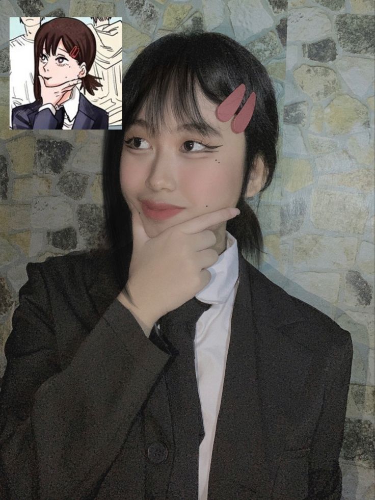 a woman with her hand on her chin looking at the camera and an anime character behind her